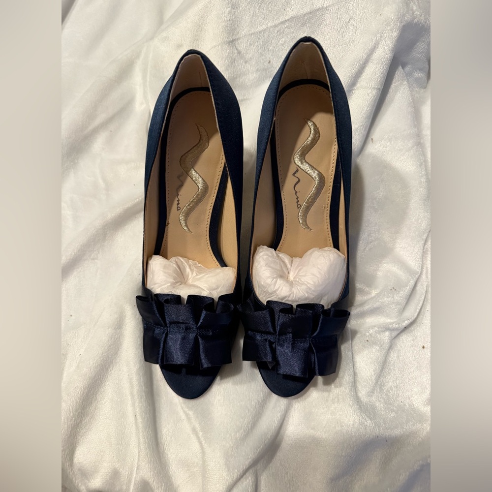 Elegant Navy Satin Peep-Toe Heels